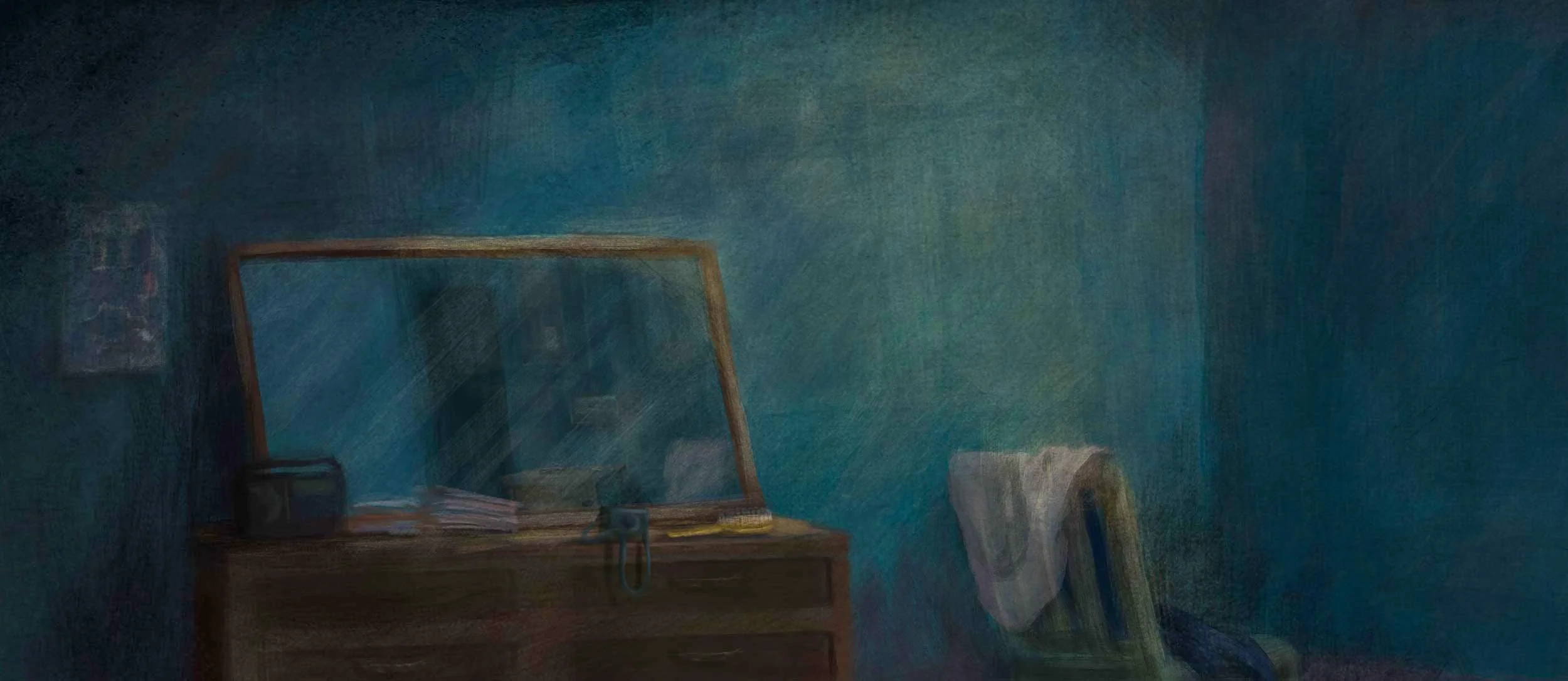 Malala's bedroom at home in deep blue shadow: a wooden dresser with a mirror and a few belongings, and a chair draped with a white scarf — He Named Me Malala.