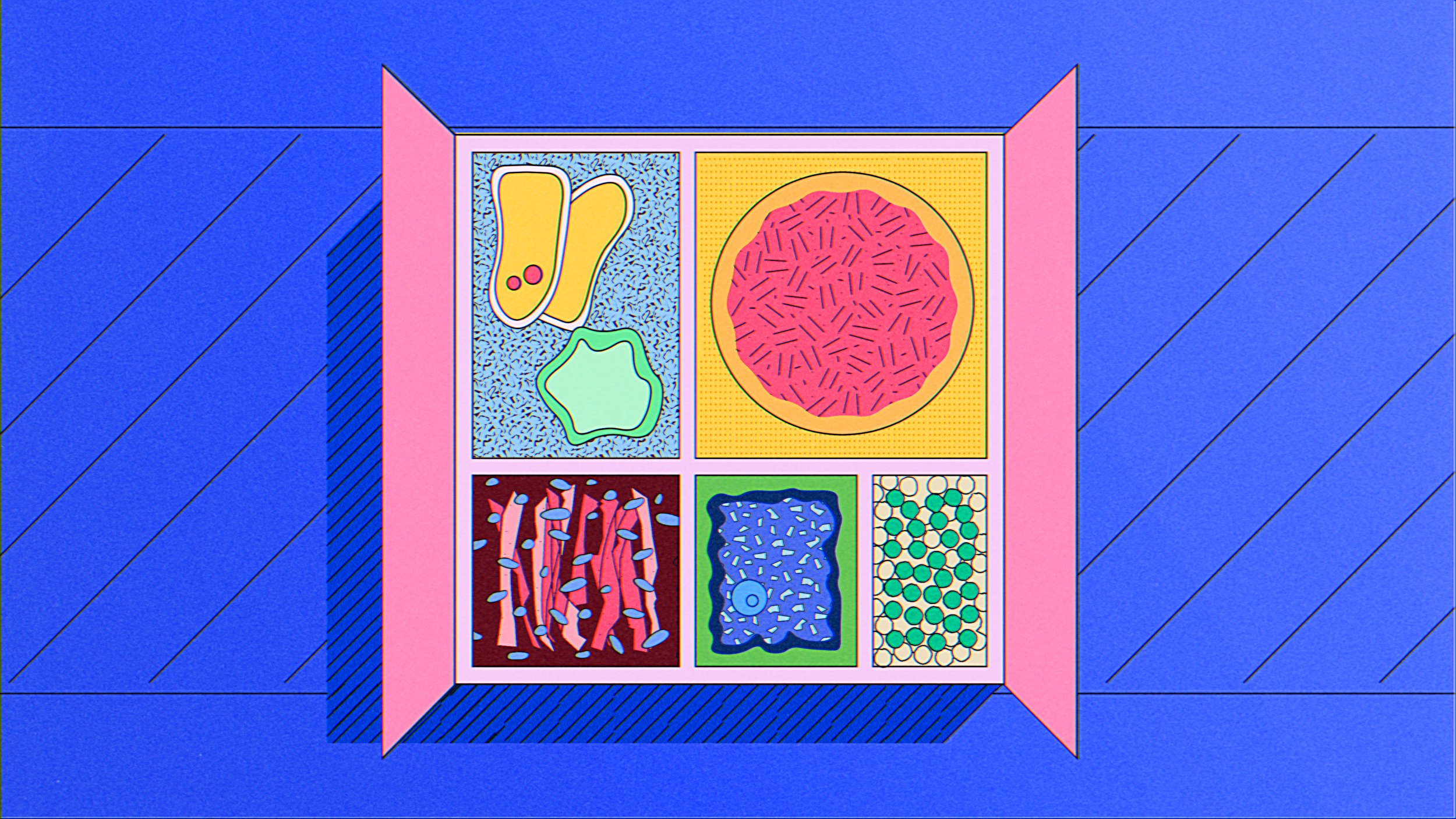 Seen from above against bright blue, a prepackaged meal box opens to reveal compartments of rice, bacon, peas, pork chops and vegetables — The Next Thing You Eat, Hulu.