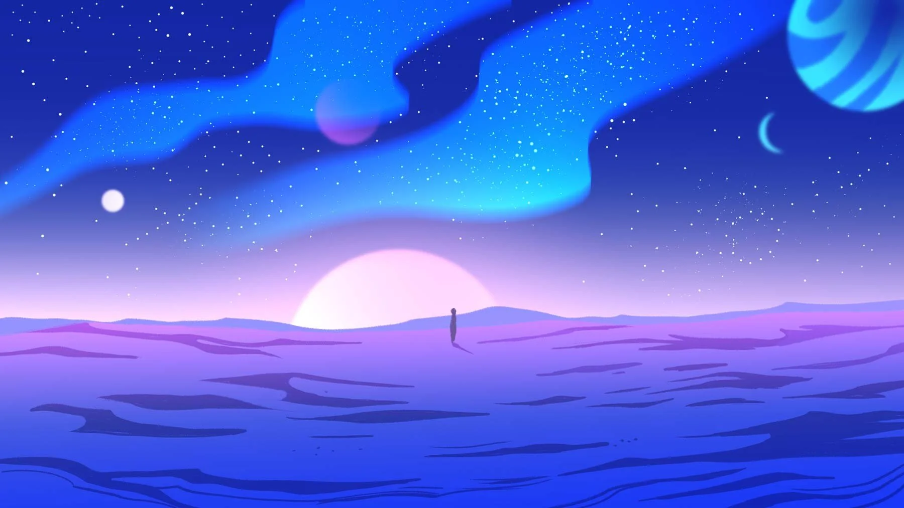 Panoa stands small in a vast field of ice in Eemia, beneath swirling ribbons of colored light — The Forgotten Four, Meow Wolf.