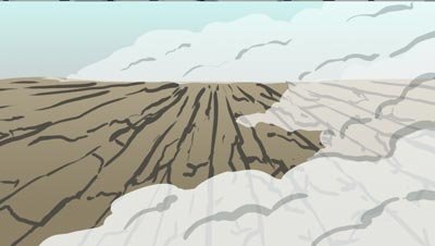 Color script: a barren plowed field disappears into clouds of dust — The Possibilities of Regeneration, Kiss the Ground.