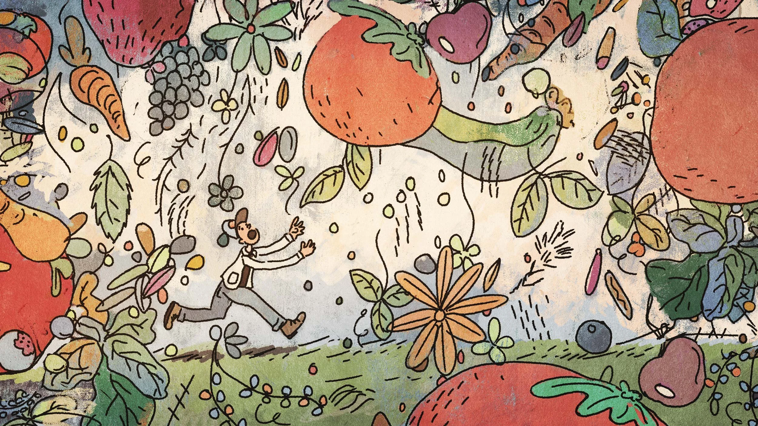 John runs anxiously through a swirl of falling fruit, vegetables and flowers — The Biggest Little Farm, Neon.