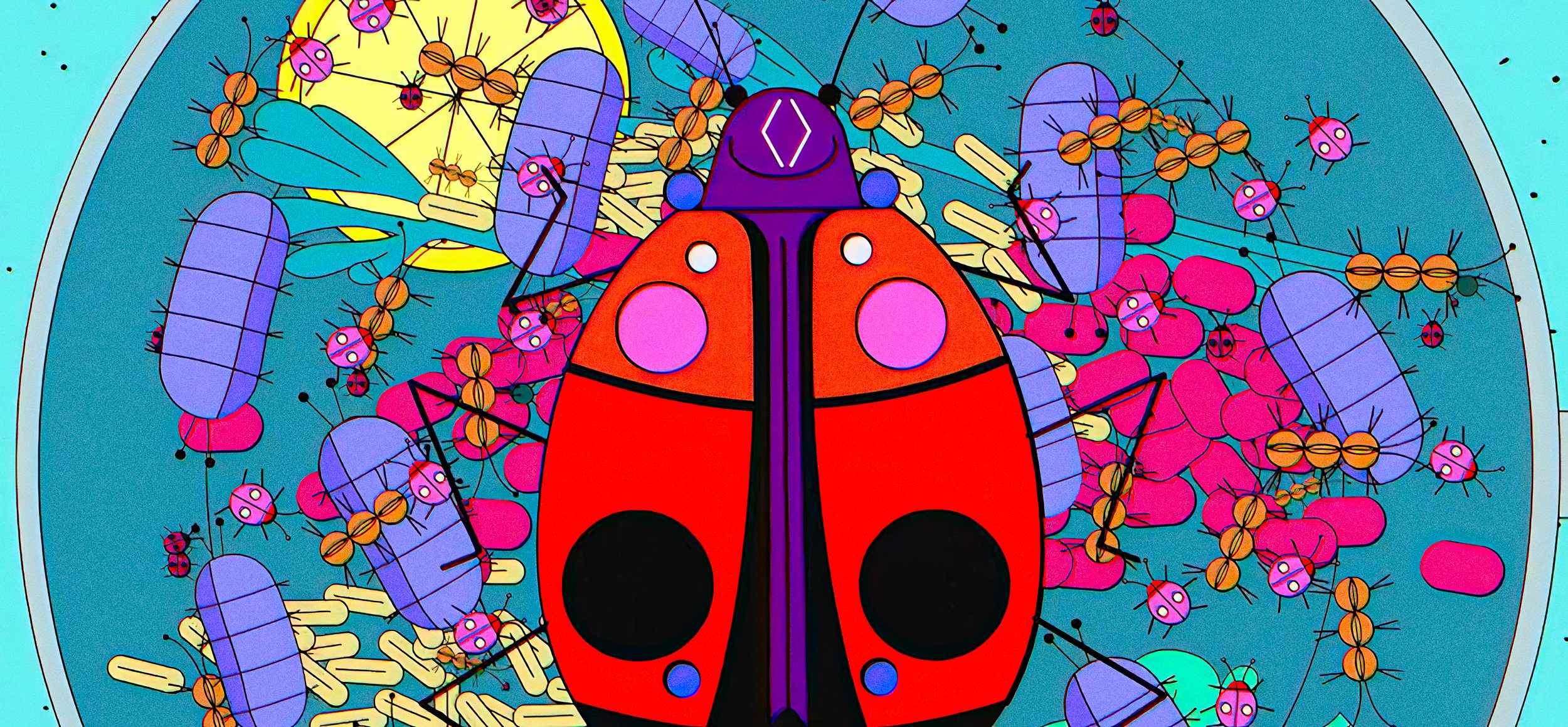 A pan full of a variety of insects with a large colorful beetle, ready to be cooked — The Next Thing You Eat, Hulu