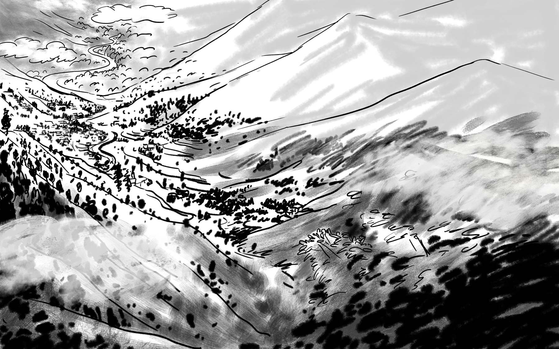 An early ink sketch of the Swat Valley, a river winding between snowy slopes — He Named Me Malala.