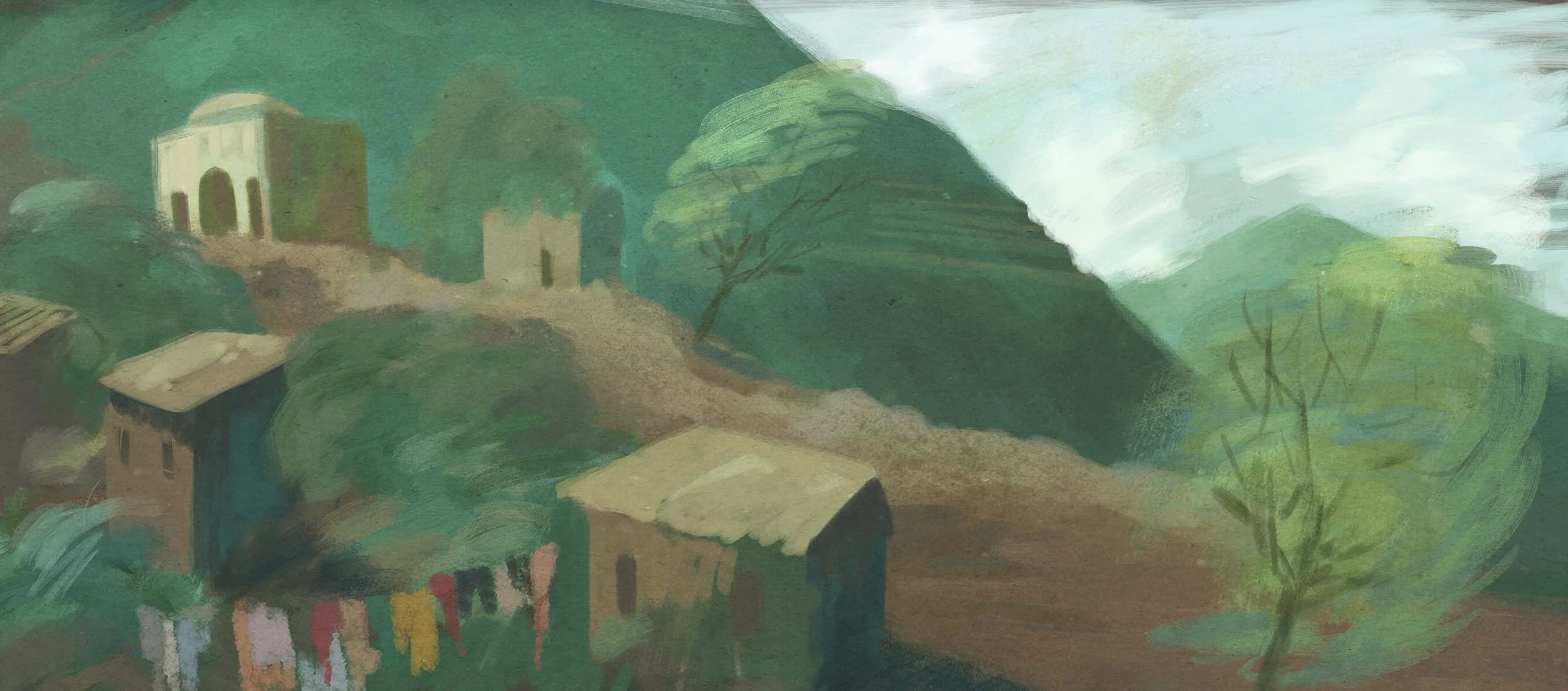Pakistan's Swat Valley: simple stone houses and a domed building climb a green hillside beneath misty mountains, with colorful washing hanging on a line in the foreground — He Named Me Malala.