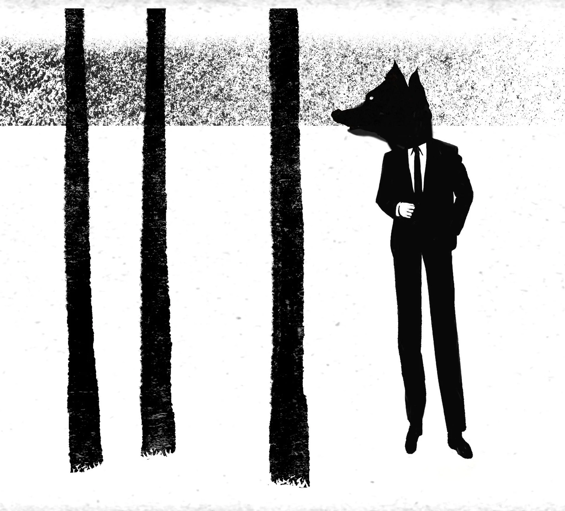 A wolf-headed man in a black suit stands calmly among the trees — Between Dogs & Wolves, Wiener Staatsballett.