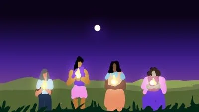 Color script: four women hold small flames beneath a night sky and a full moon — The Possibilities of Regeneration, Kiss the Ground.