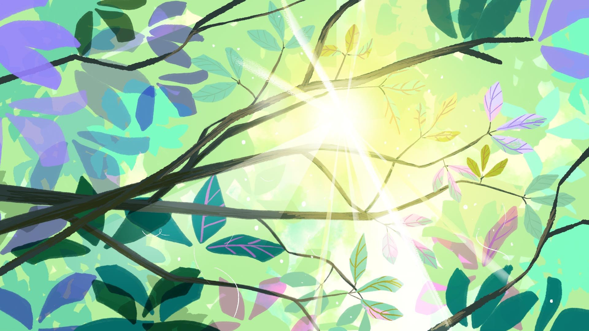 Sunlight breaks through tree branches overhead, lighting leaves of green, violet and teal — Misty.