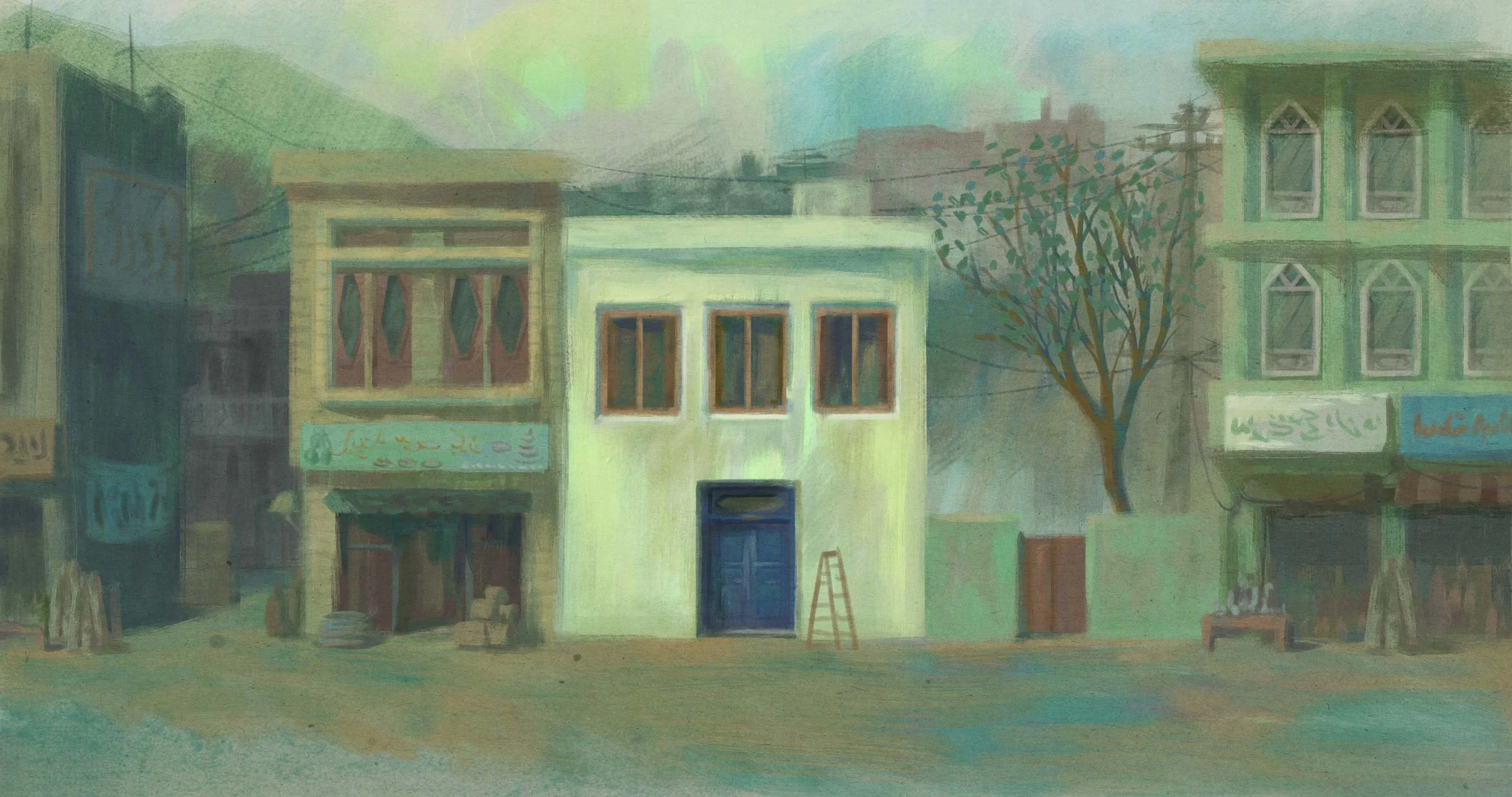 Ziauddin's school: a plain white building with a blue door stands among shopfronts on a Swat Valley street, a ladder propped beside it and a bare tree behind — He Named Me Malala.