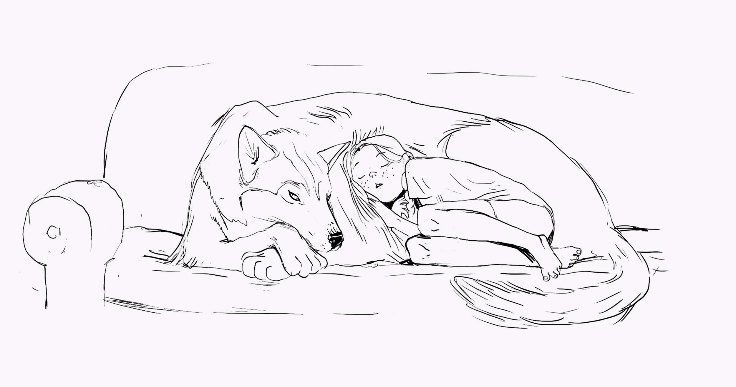 In a loose line drawing, Jenny sleeps peacefully on the couch, curled into Misty's fur as the husky rests her head on her paws and keeps watch — Misty.