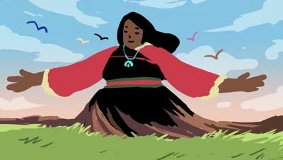 Color script: Mother Earth, in a red and black dress, rises from a mesa with open arms as birds fly overhead — The Possibilities of Regeneration, Kiss the Ground.