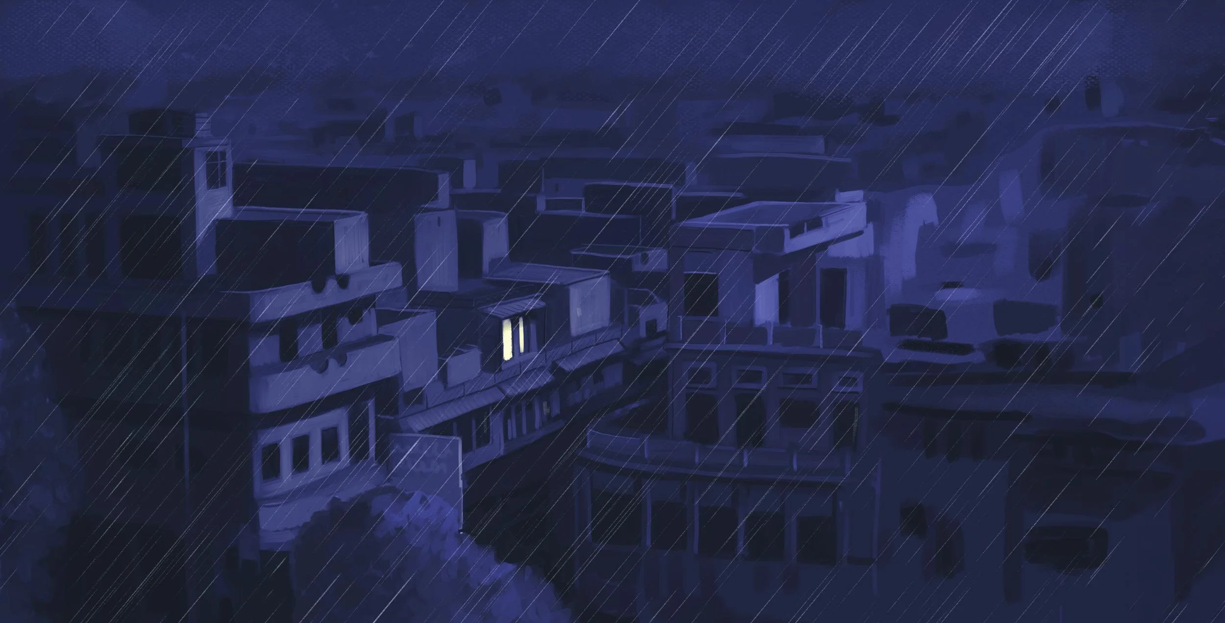 Kailash Satyarthi's apartment building at night, his window glowing among dark rooftops in the heavy rain — The Price of Free.
