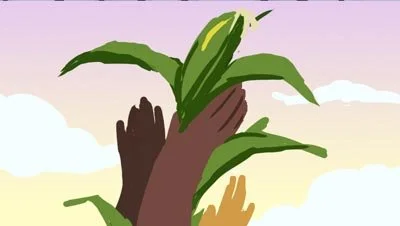 Color script: hands raise a corn plant against a pale sky — The Possibilities of Regeneration, Kiss the Ground.