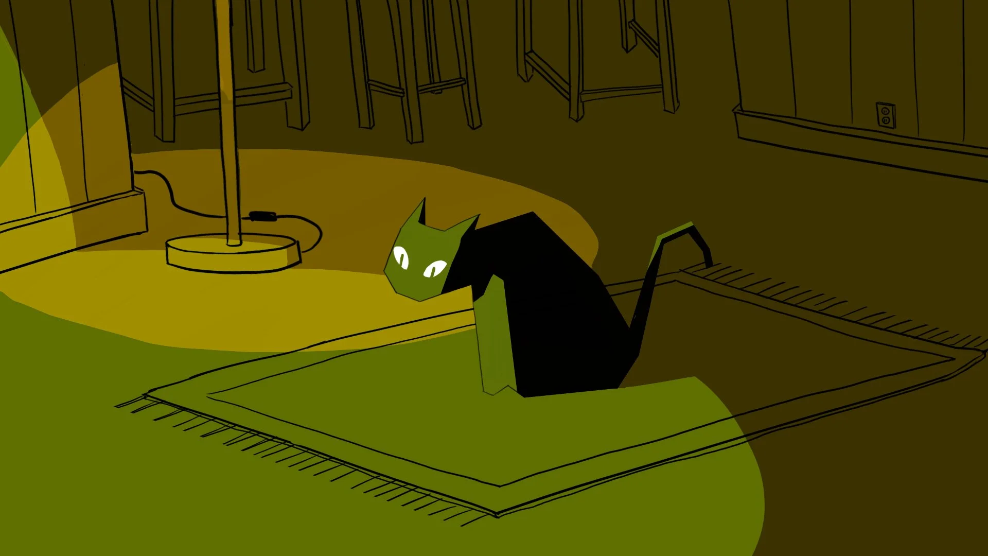 Quesa peers out from beside a lamp, eyes wide at Numina just out of view — The Forgotten Four, Meow Wolf.