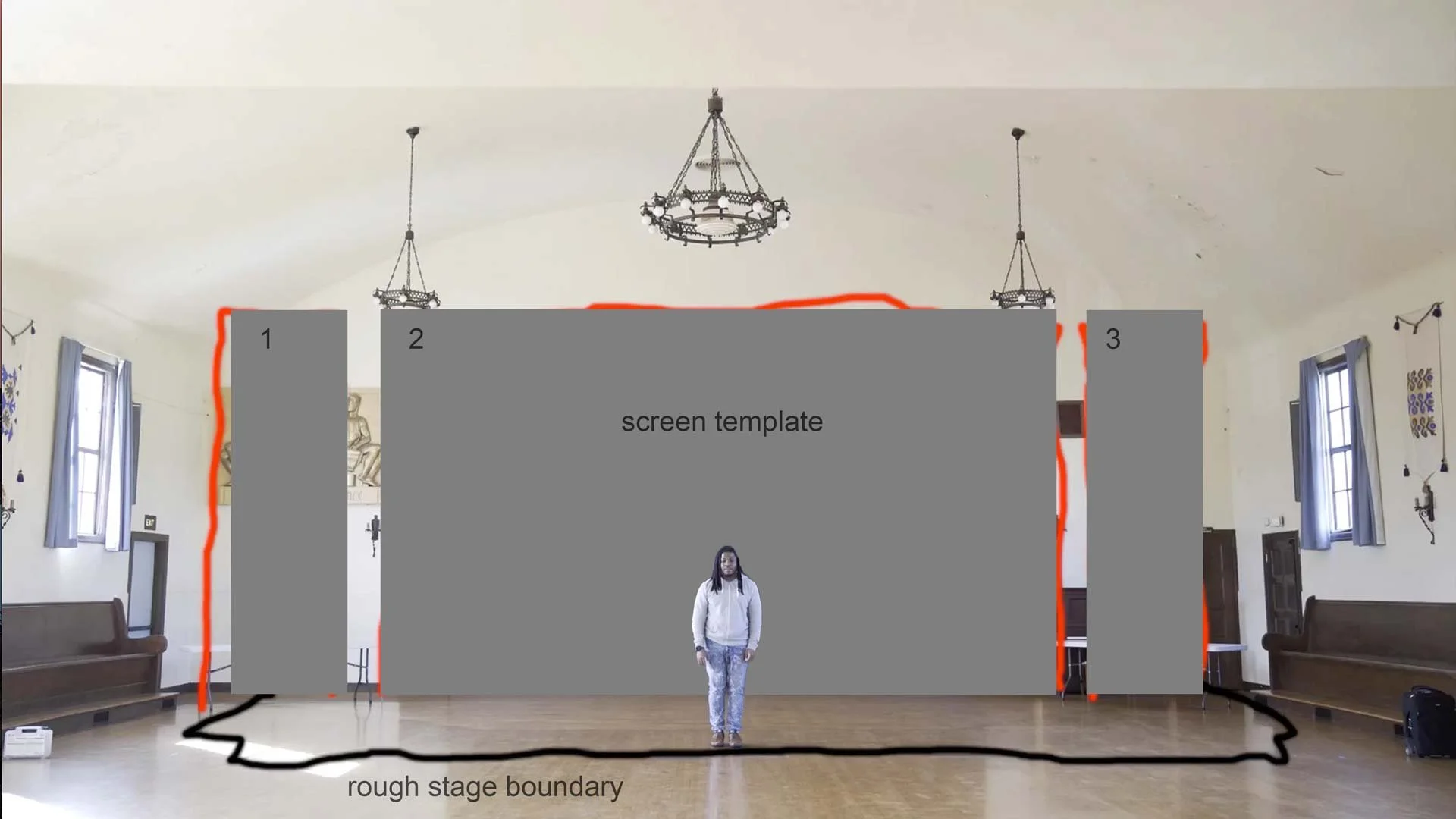 A screen template mocked up over the rehearsal hall, with three gray panels and a rough stage boundary drawn in to work out the size of the Oxford screen — The Power of Proximity, Skoll World Forum.