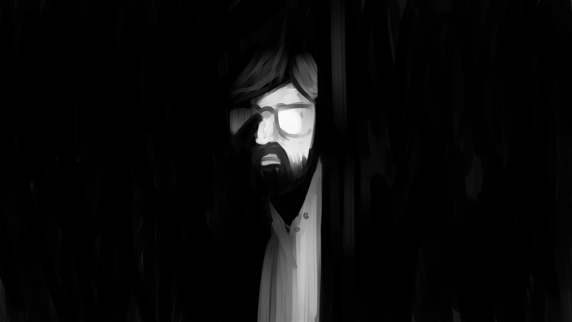 Kailash's face emerges from the dark, his glasses catching the light — The Price of Free.