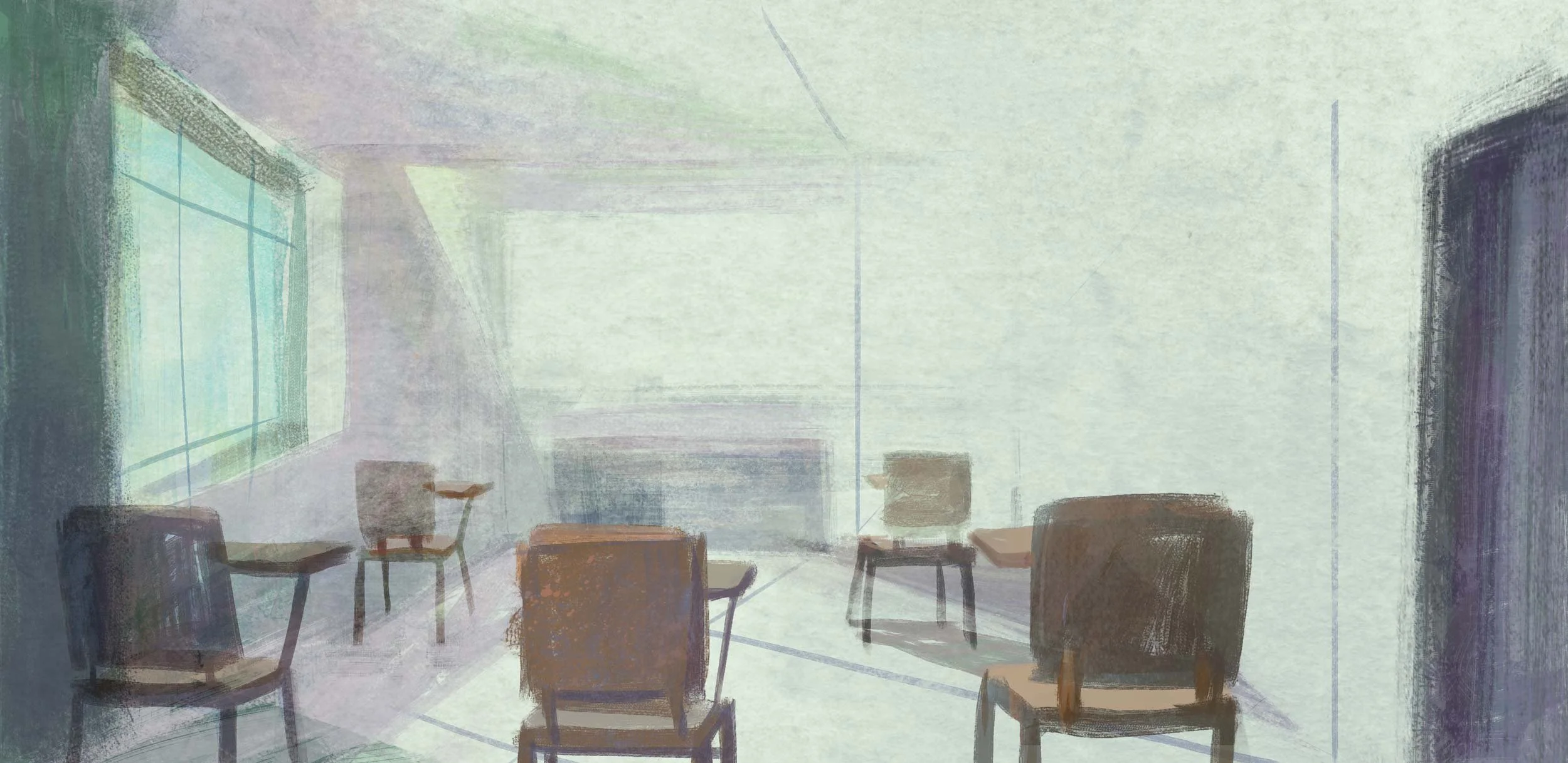 A pale, sunlit classroom with chairs scattered beneath a tall window — He Named Me Malala.