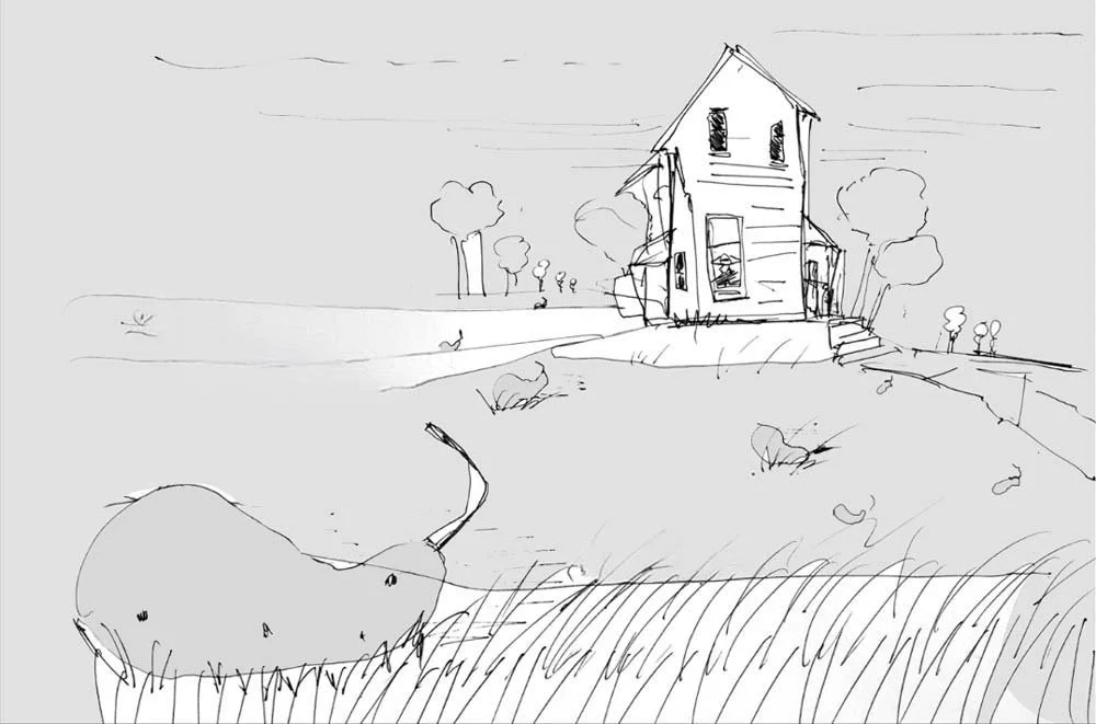A farmhouse sits alone on a hill above a wide field, with a large animal in the grass — The Renter.