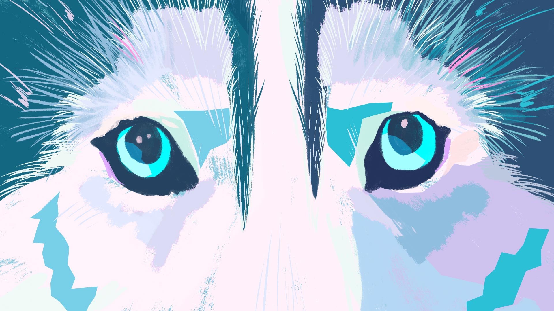 A close-up of Misty, the husky, her wide turquoise eyes looking up through strokes of white, lavender and teal fur — Misty