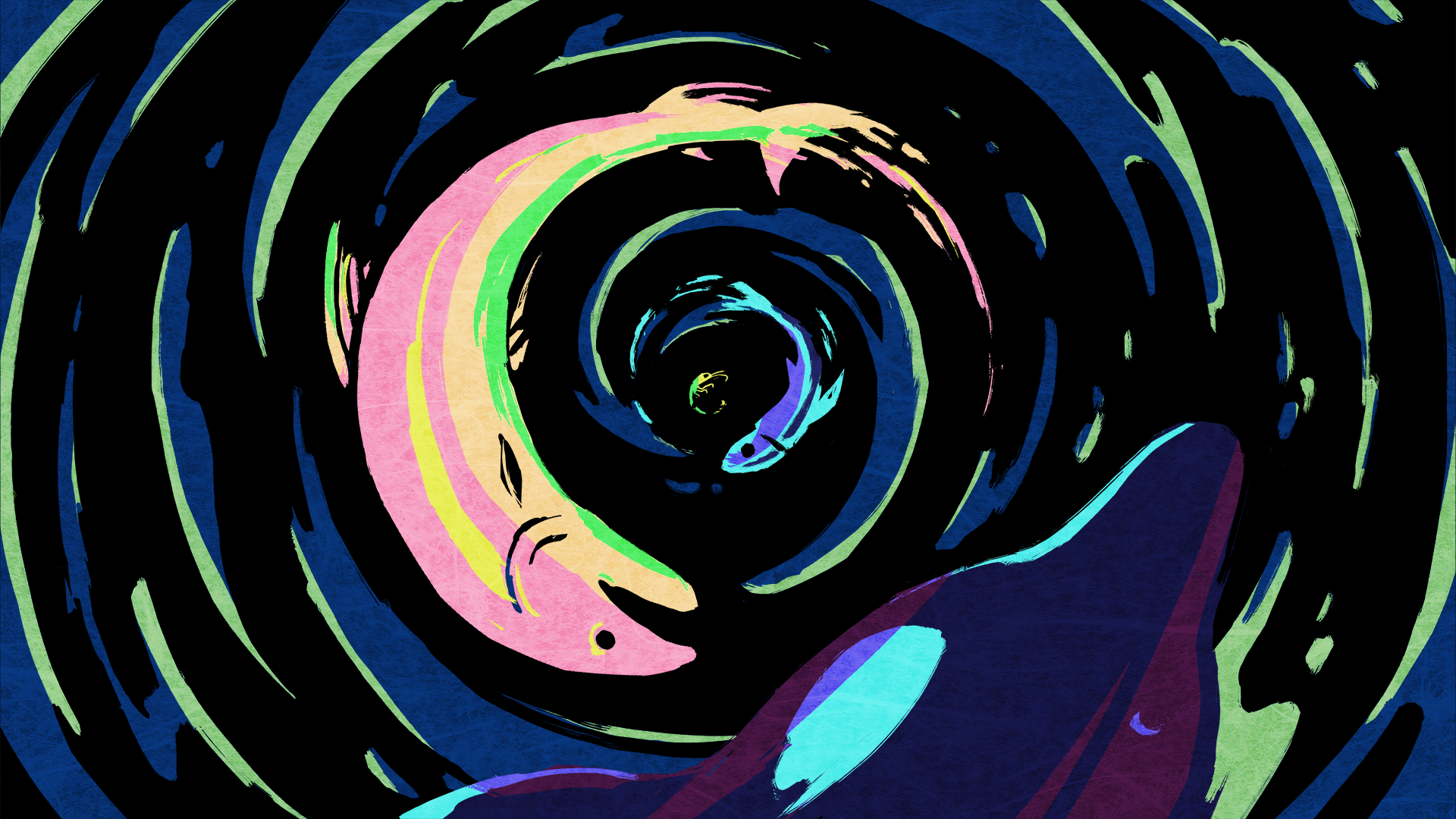 Pink and blue fish swirl in a spiral against a deep black-blue current — The Possibilities of Regeneration, Kiss the Ground.