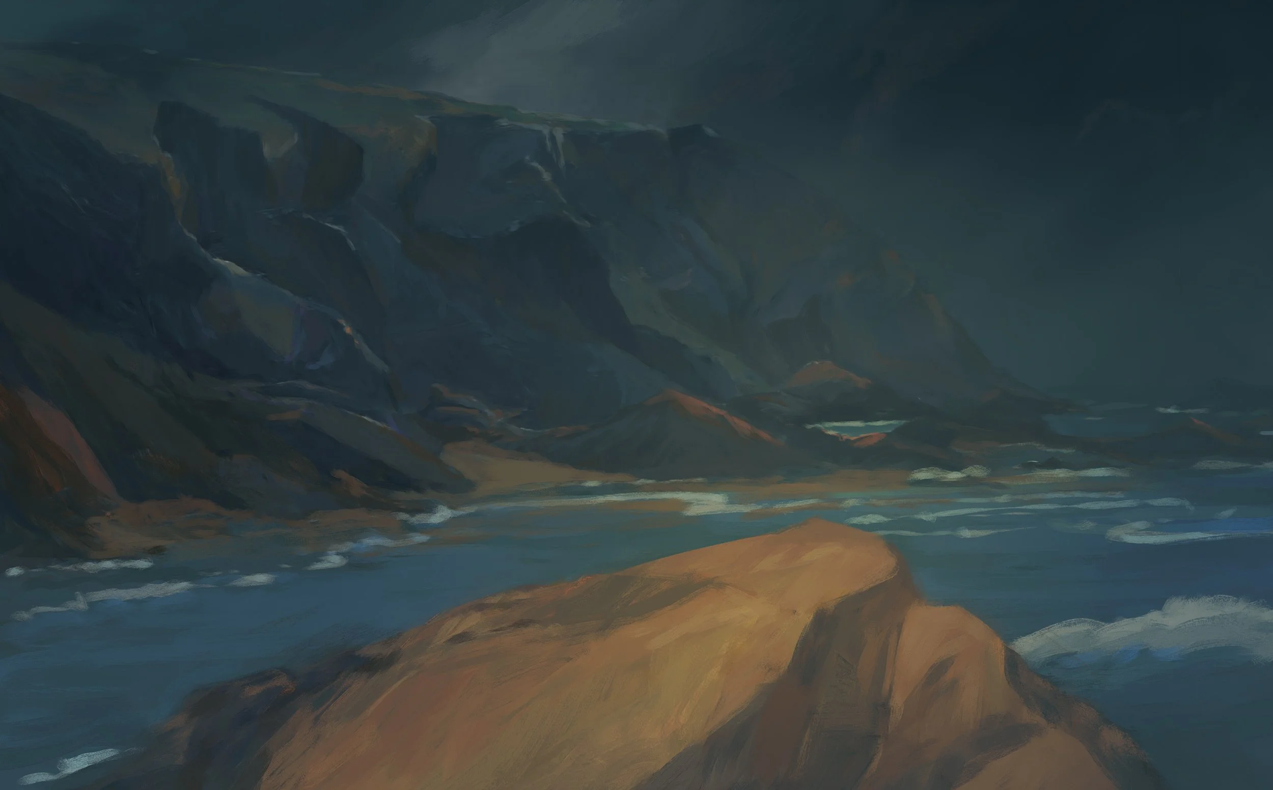 The Cornish coast after a storm, with Moon's rock lit warm in the foreground as dark cliffs and a gray sea stretch beyond — Moon & the Dolphin, BFI.
