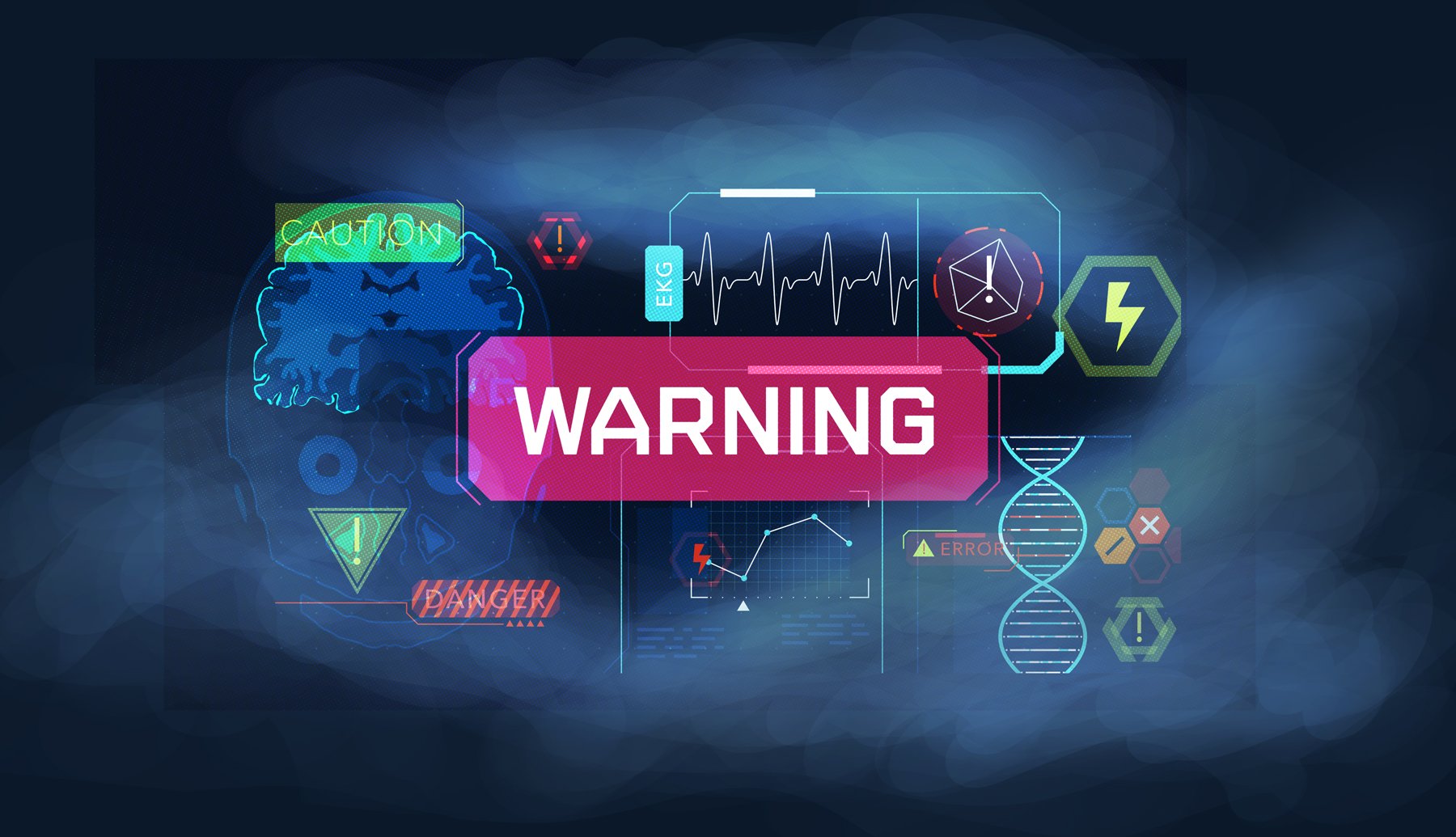 A "Warning" alert flashes across the lab's control console during Darya's test — The Forgotten Four, Meow Wolf.