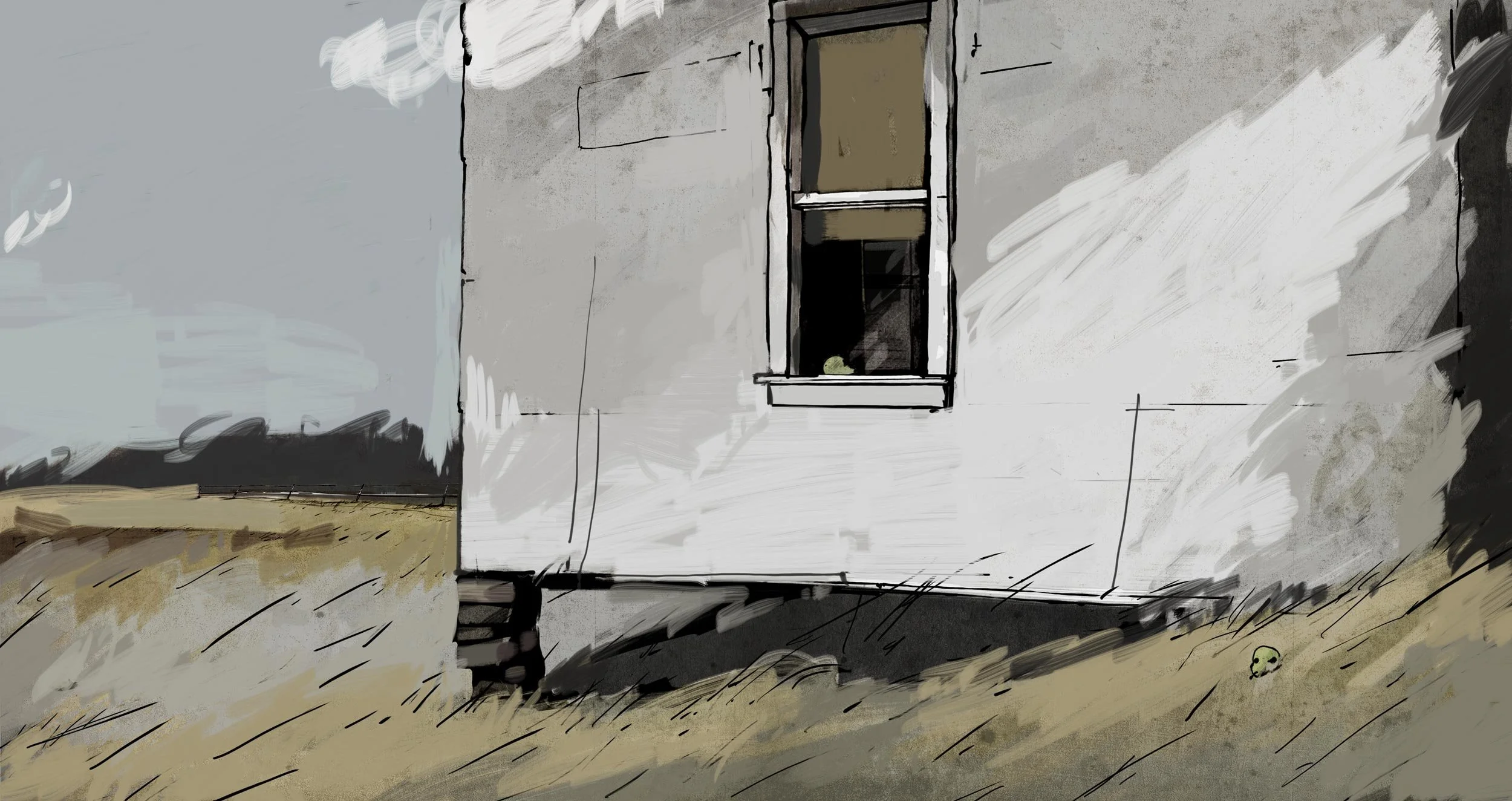 Close on the side of the house, a single window above the tall grass — The Renter.