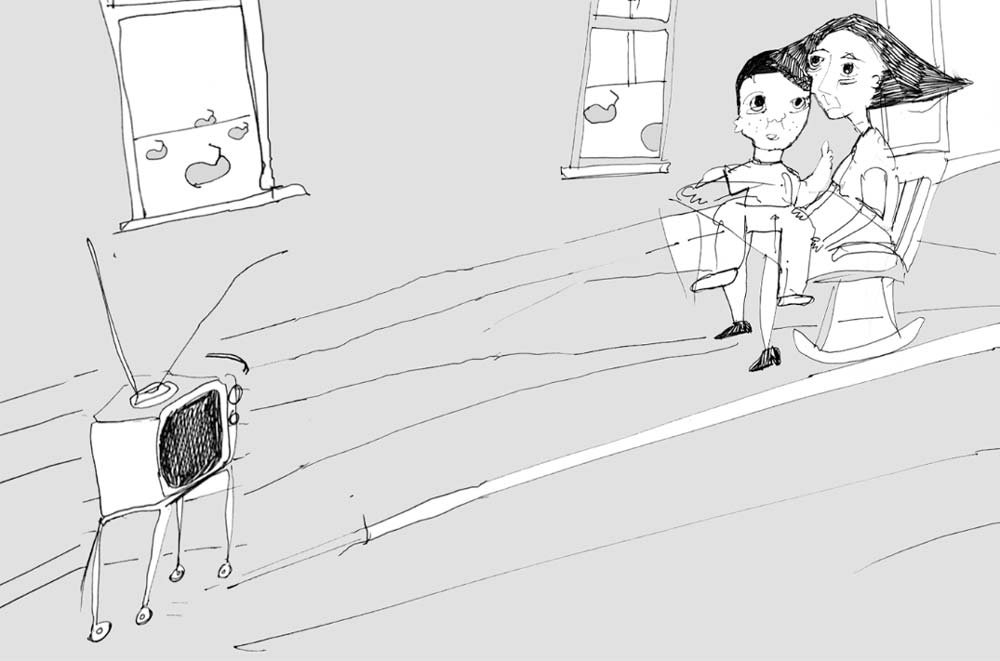 The boy and the woman sit together in a rocking chair, watching television — The Renter.
