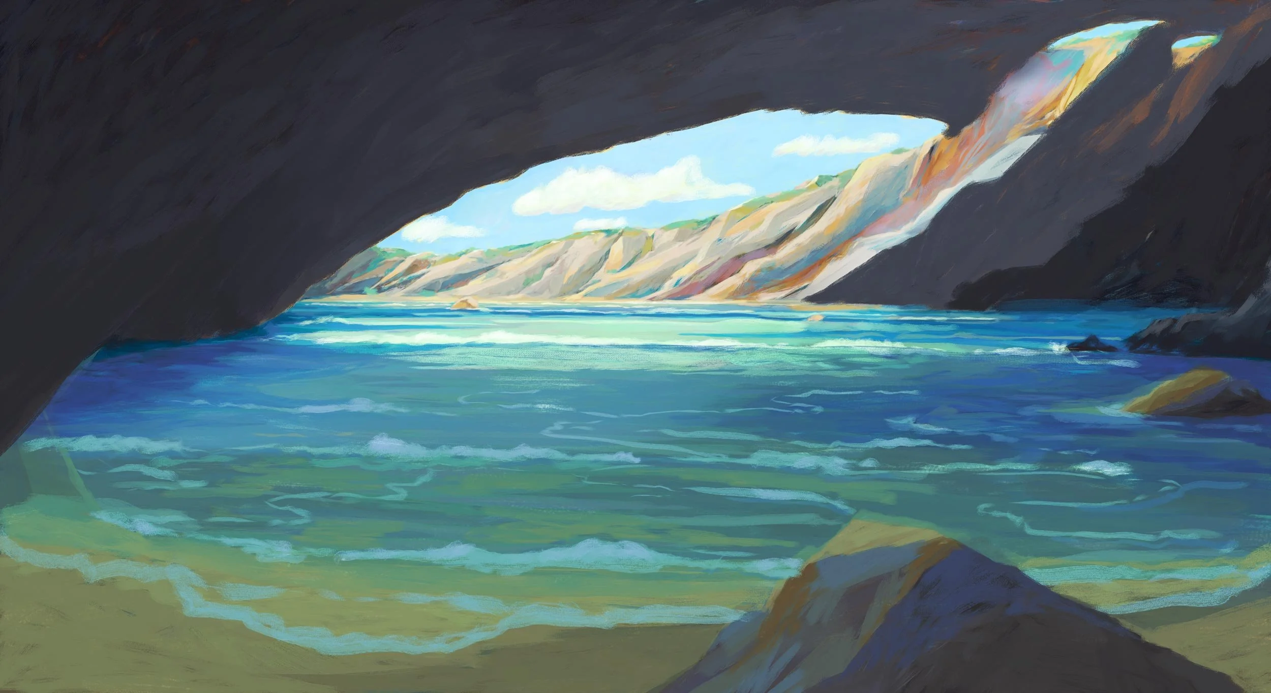The hidden cove where Moon meets the dolphin, seen from inside a sea cave: clear turquoise water opens onto sunlit cliffs and a bright blue sky — Moon & the Dolphin, BFI.