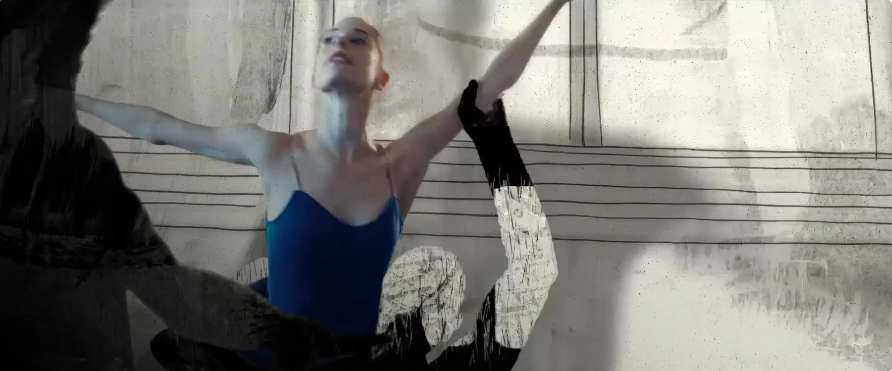 A hand-drawn dancer lifts a live-action ballerina through a sketched landscape — The Shimmering Asphalt.