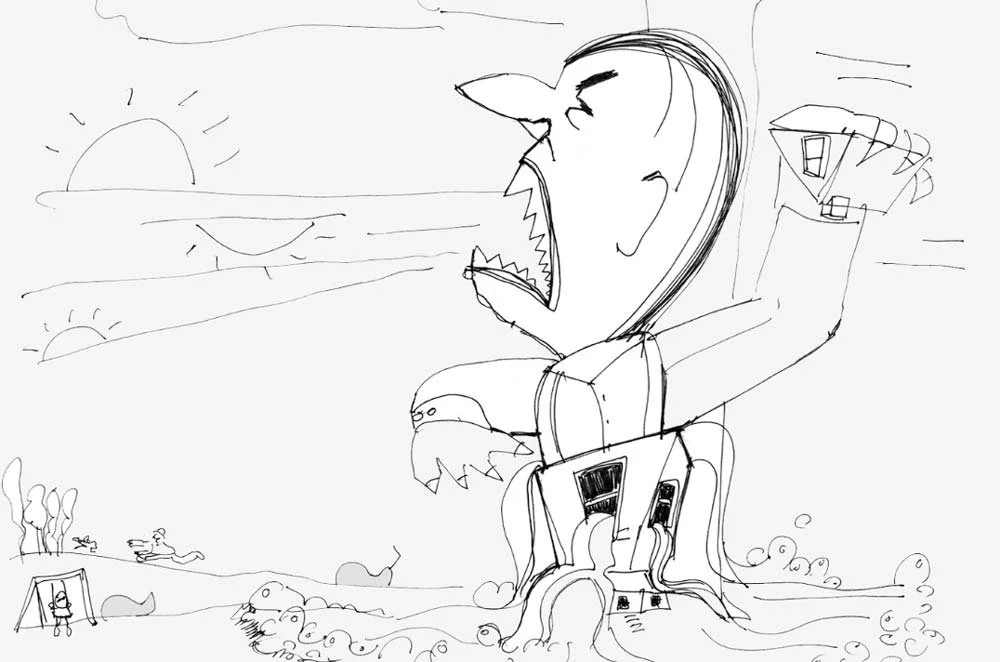 A giant renter roars, holding the roof of the house aloft as the flood rises around him — The Renter.