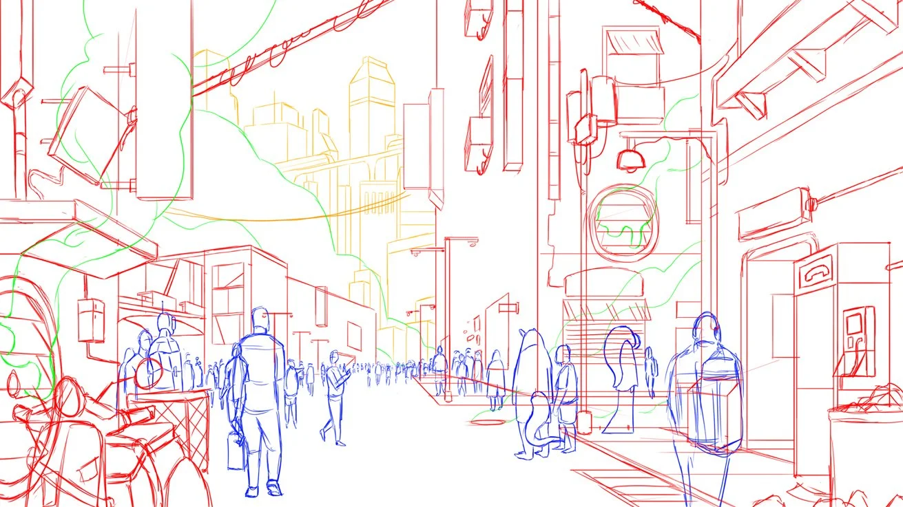A color line sketch of a crowded C Street — The Forgotten Four, Meow Wolf.