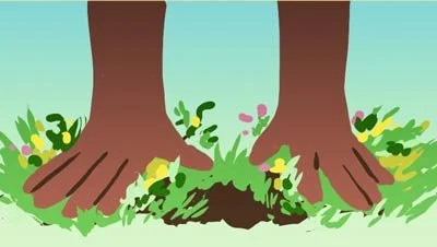 Color script: Hands press into soil among green grass and flowers — The Possibilities of Regeneration, Kiss the Ground.