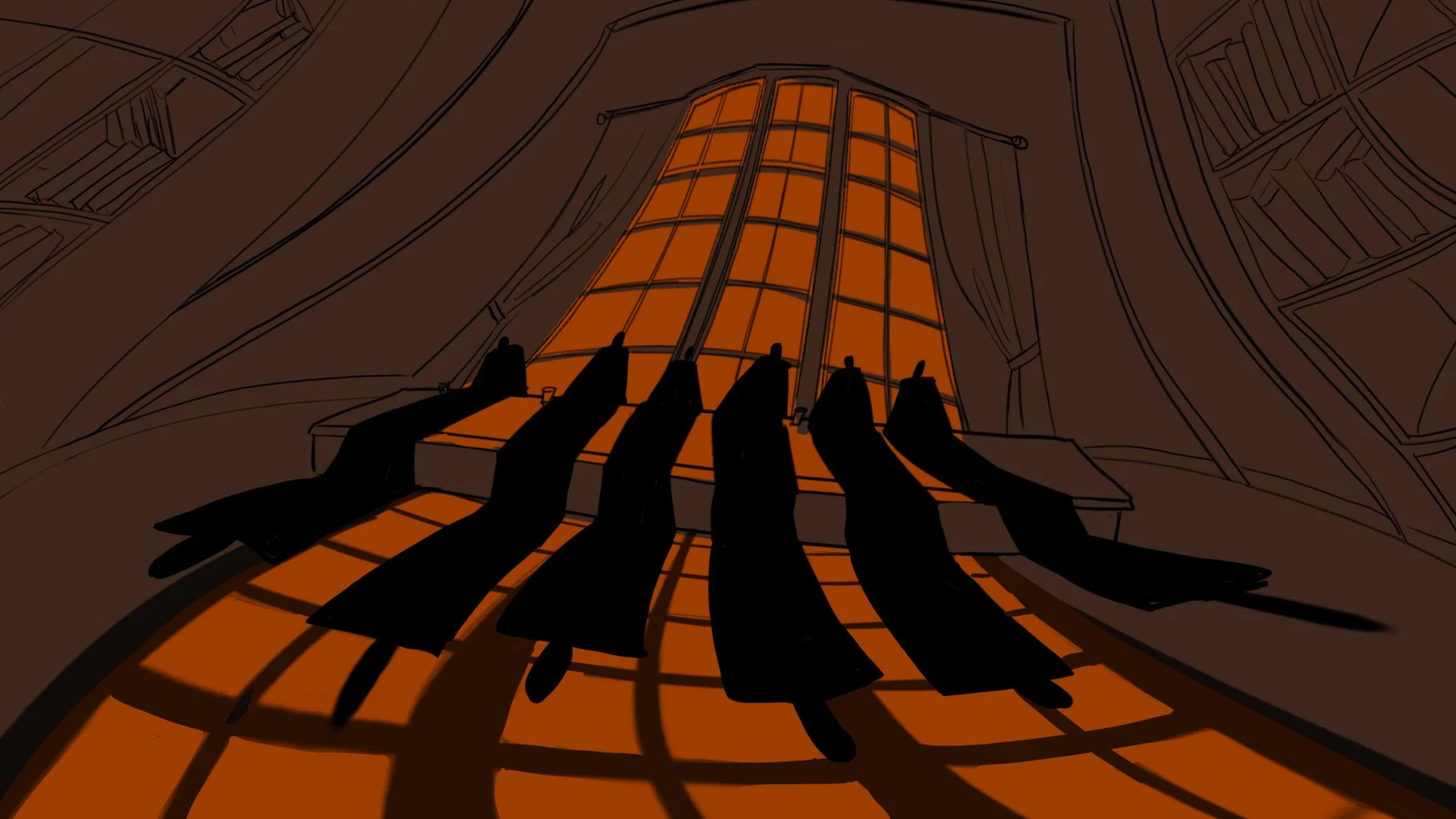 Silhouettes of the academic committee sit before a tall window, judging Pam's work — The Forgotten Four, Meow Wolf.