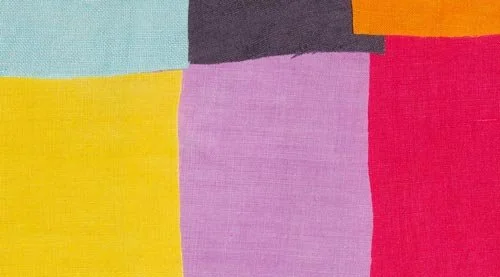 Fabric used to build the collages: patches of yellow, lilac, red, pale blue and charcoal cotton — Worn Stories, Netflix.