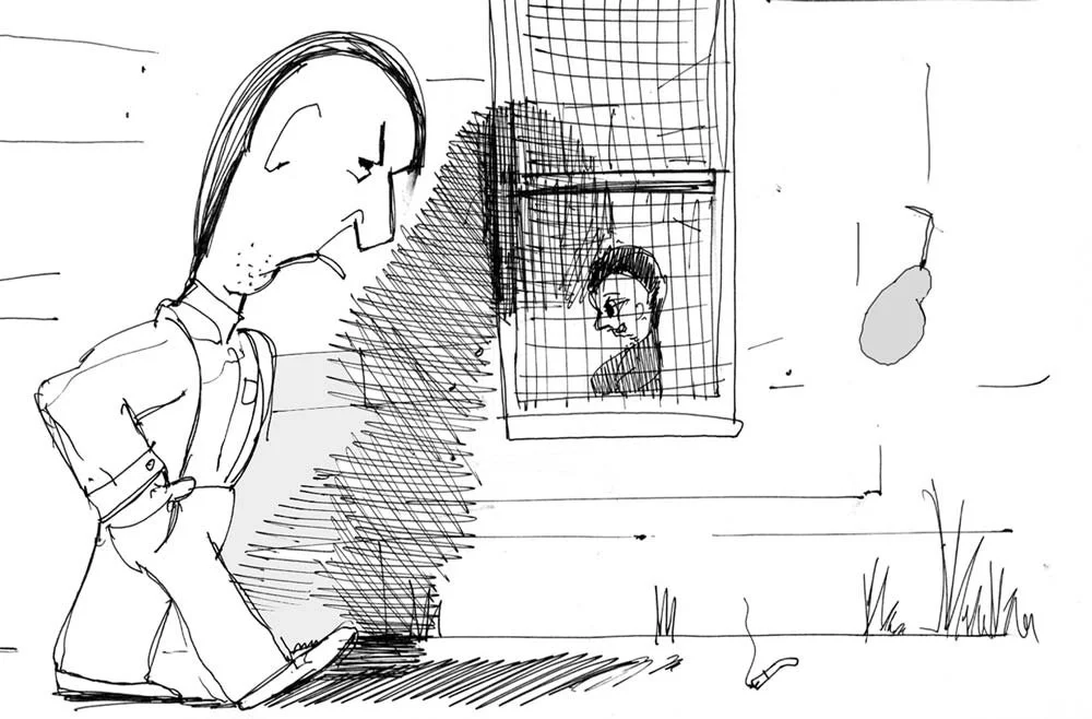 The renter scowls outside as the boy pees in a bucket behind a screened window — The Renter.