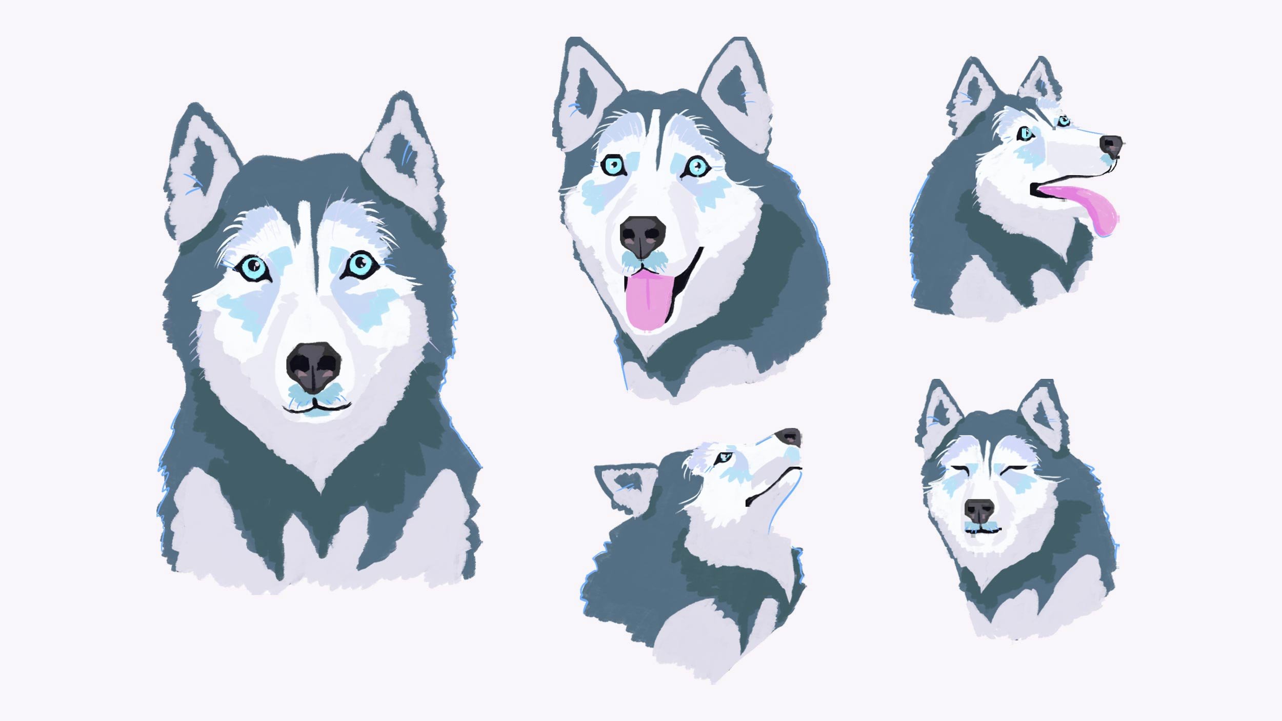 Character designs for Misty, a gray and white husky with pale blue eyes, shown in a range of moods: alert and attentive, happy with her tongue out, looking up, and eyes closed in contentment — Misty.