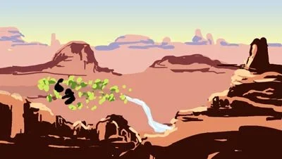 Color script: water and green growth wind through a red desert canyon — The Possibilities of Regeneration, Kiss the Ground.