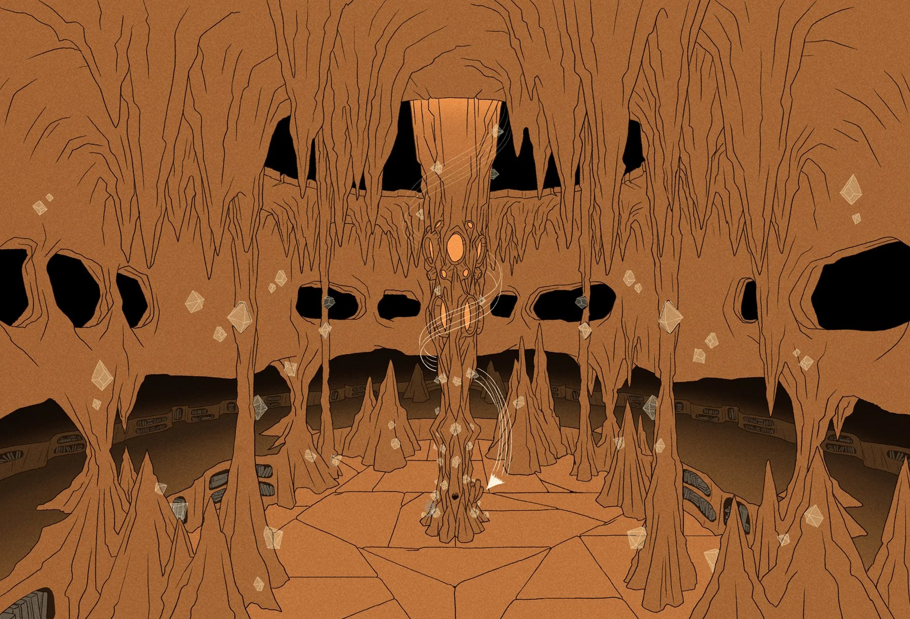 In an amber cavern, a scrap of paper prophecy circles a tower of crystals rising from the floor — The Forgotten Four, Meow Wolf.
