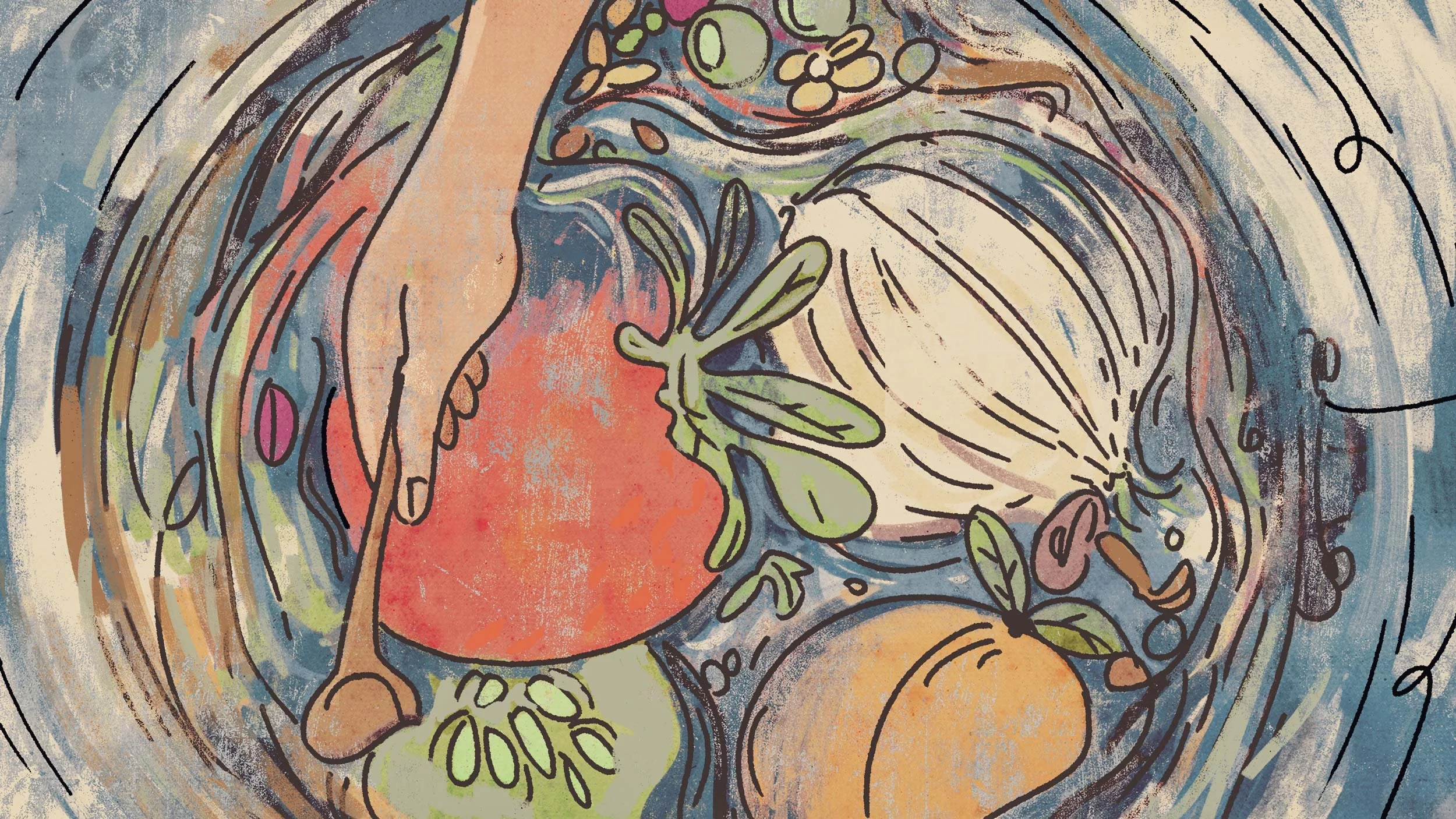 A hand stirs a swirl of vegetables: a tomato, an onion and squash — The Biggest Little Farm, Neon.