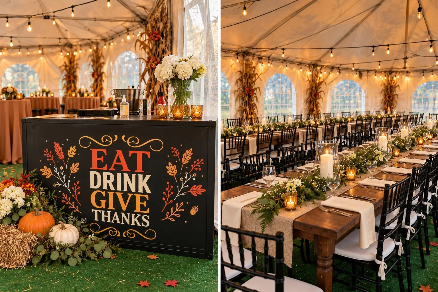 Chalkboard Bar as signage. Long tables for formal seating. 