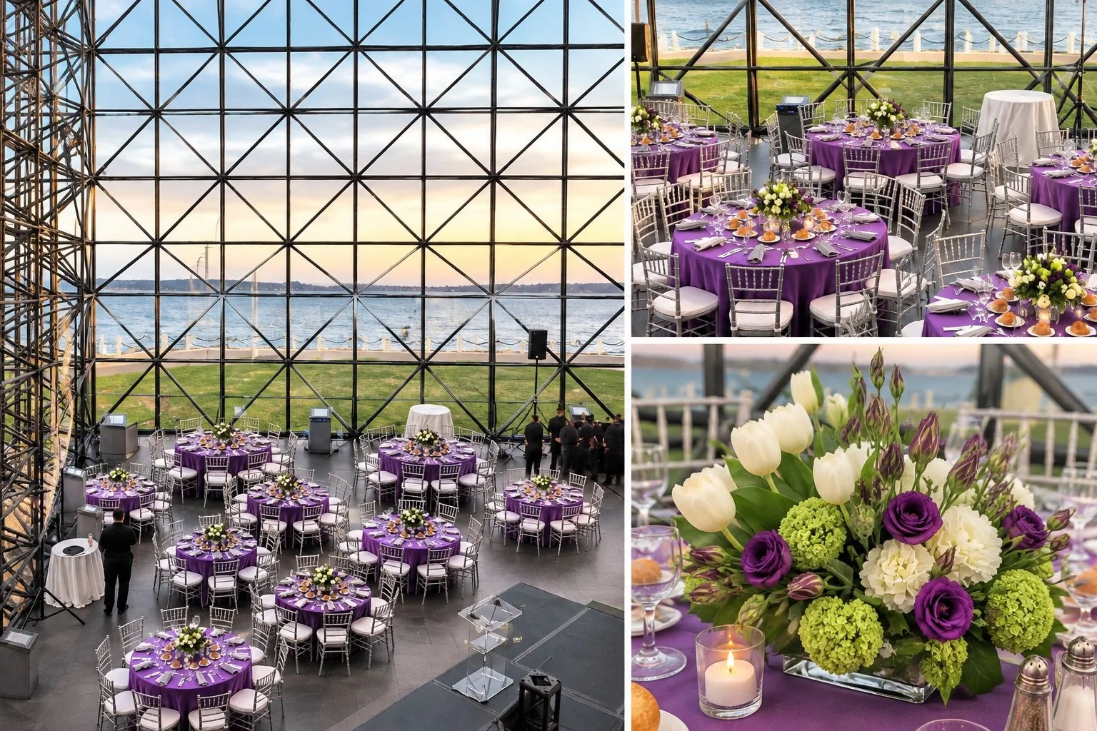 Pop of purple in spring for an awards dinner. Beautiful Kennedy Library in Boston. 