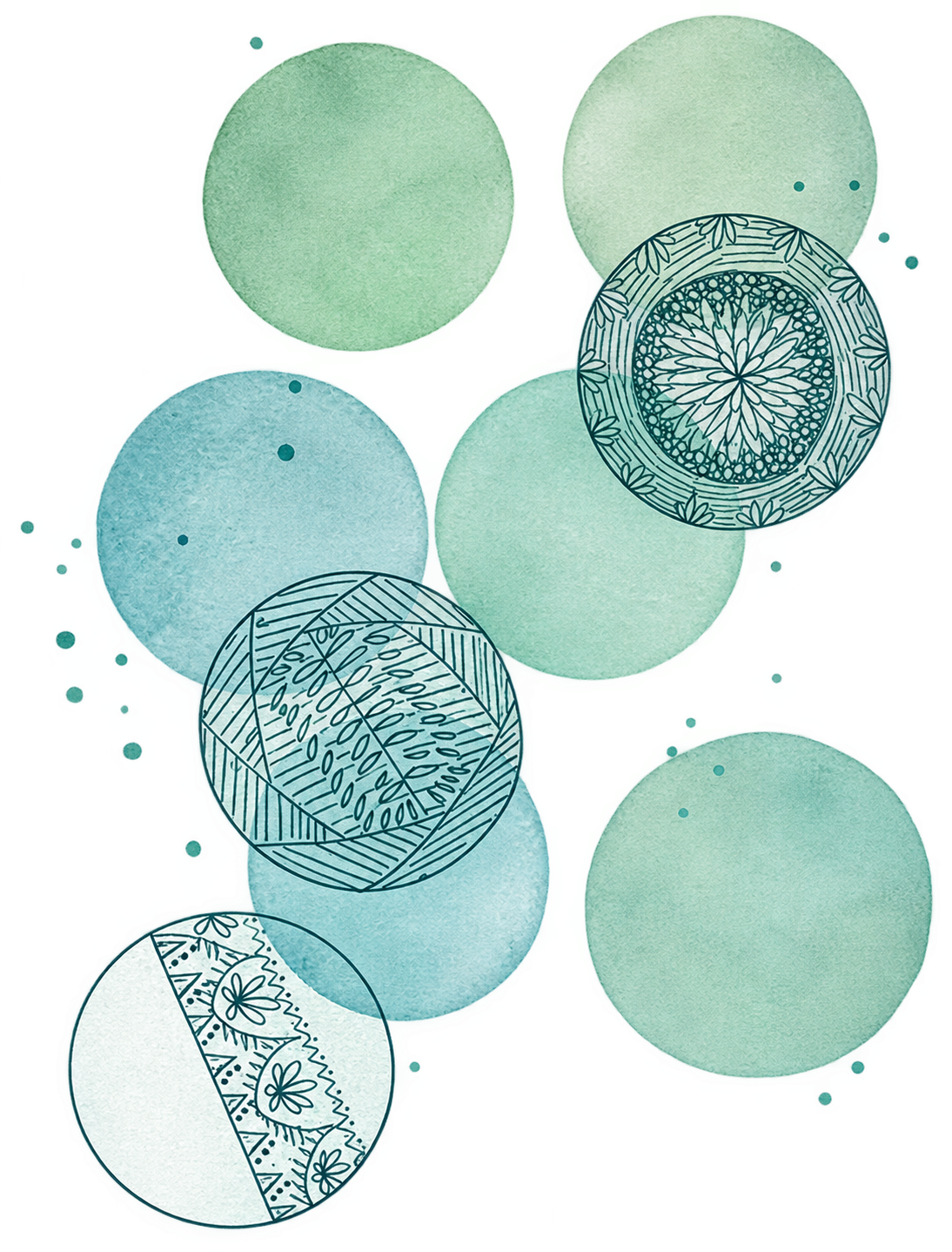 Watercolor circles with intricate black line patterns and minimalist dots, arranged in a cluster.