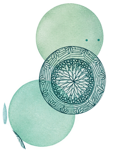 Three watercolor-style circles overlapping, two solid light green and one with a decorative mandala pattern in blue.