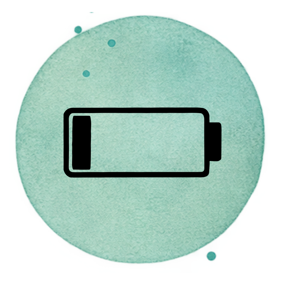 A circular electronic device with a light green exterior and a black battery icon in the center, indicating low battery life.