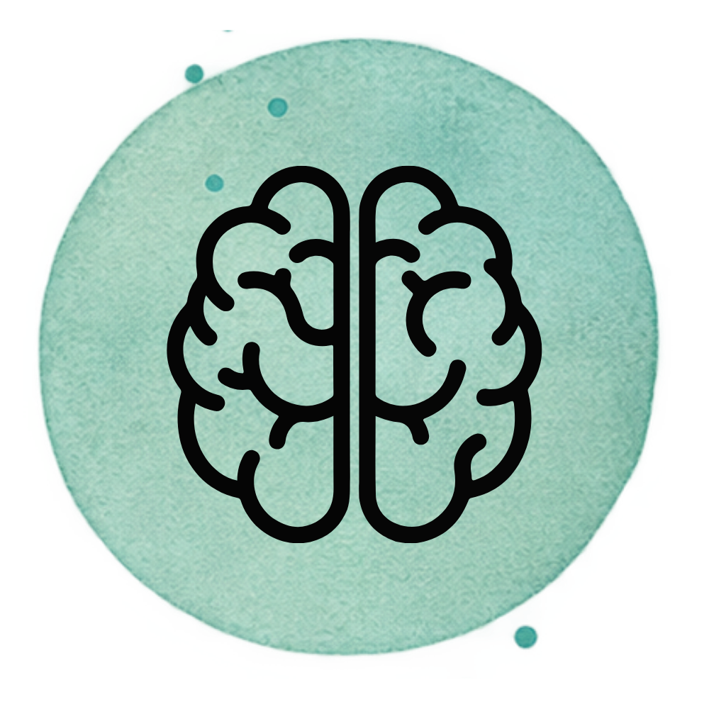 Illustration of a human brain with a black outline inside a light green circle.