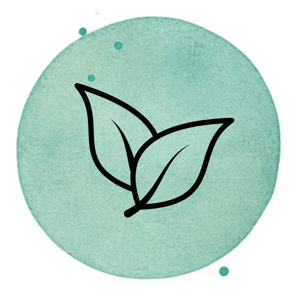 A circular logo with a light green background featuring a black outline of three leaves.