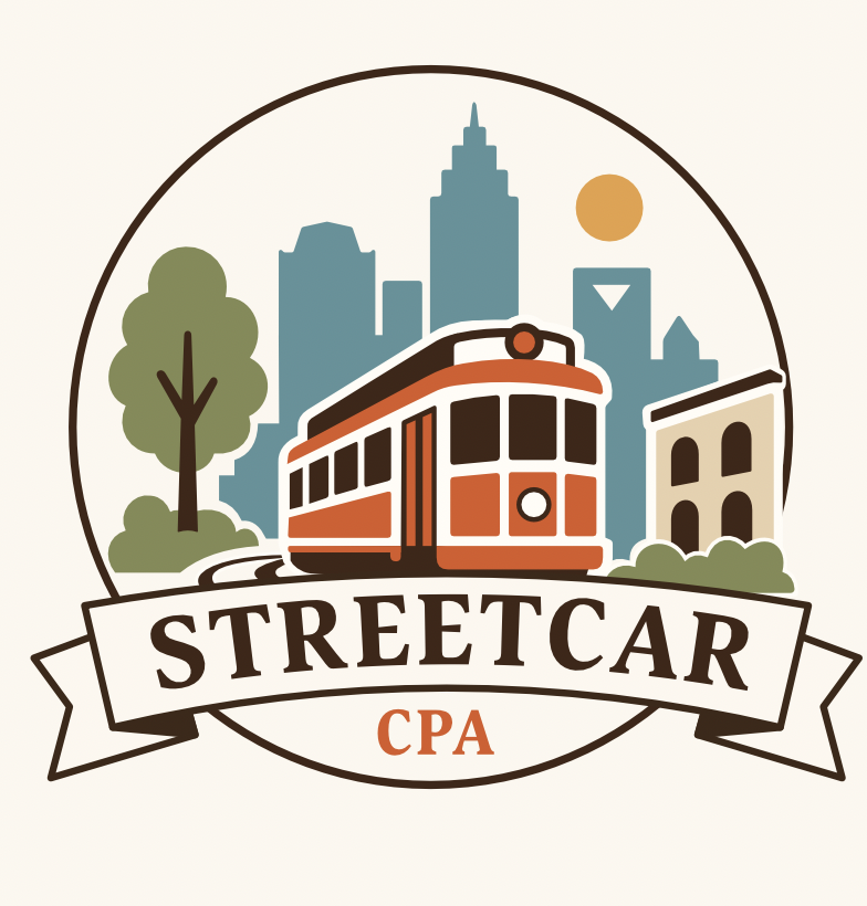 Logo featuring a cityscape with a tram, trees, tall buildings, and a setting sun, with the text 'Streetcar CPA'.