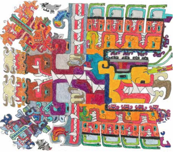 Colorful abstract artwork with various interconnected shapes and patterns, resembling a complex maze or circuit design.
