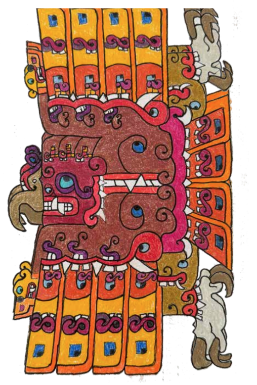 Colorful abstract drawing featuring stylized creatures with horns, multiple eyes, and decorative patterns in orange, pink, yellow, purple, blue, and brown.