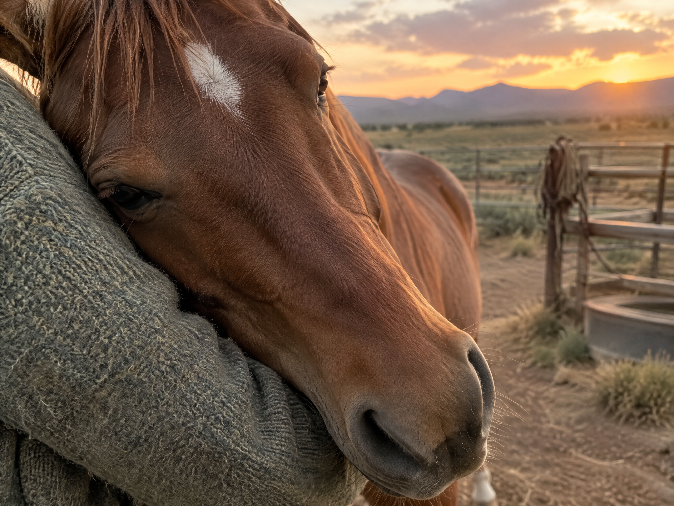 Close-up of a brown horse's head resting on a person's shoulder during sunset at a ranch with mountains in the background.